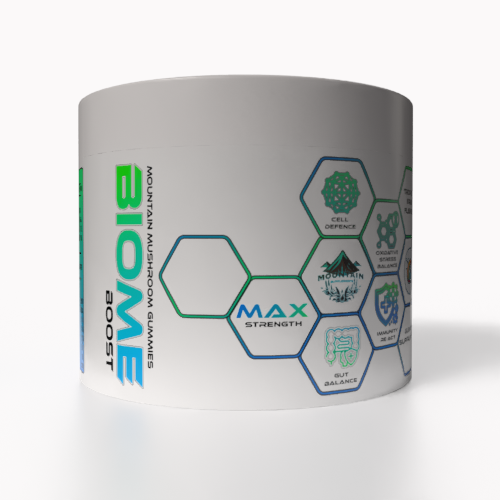 Container with 'BIOME Boost- Turkey Tail mushroom Gummies' branding and hexagonal design elements on a white background