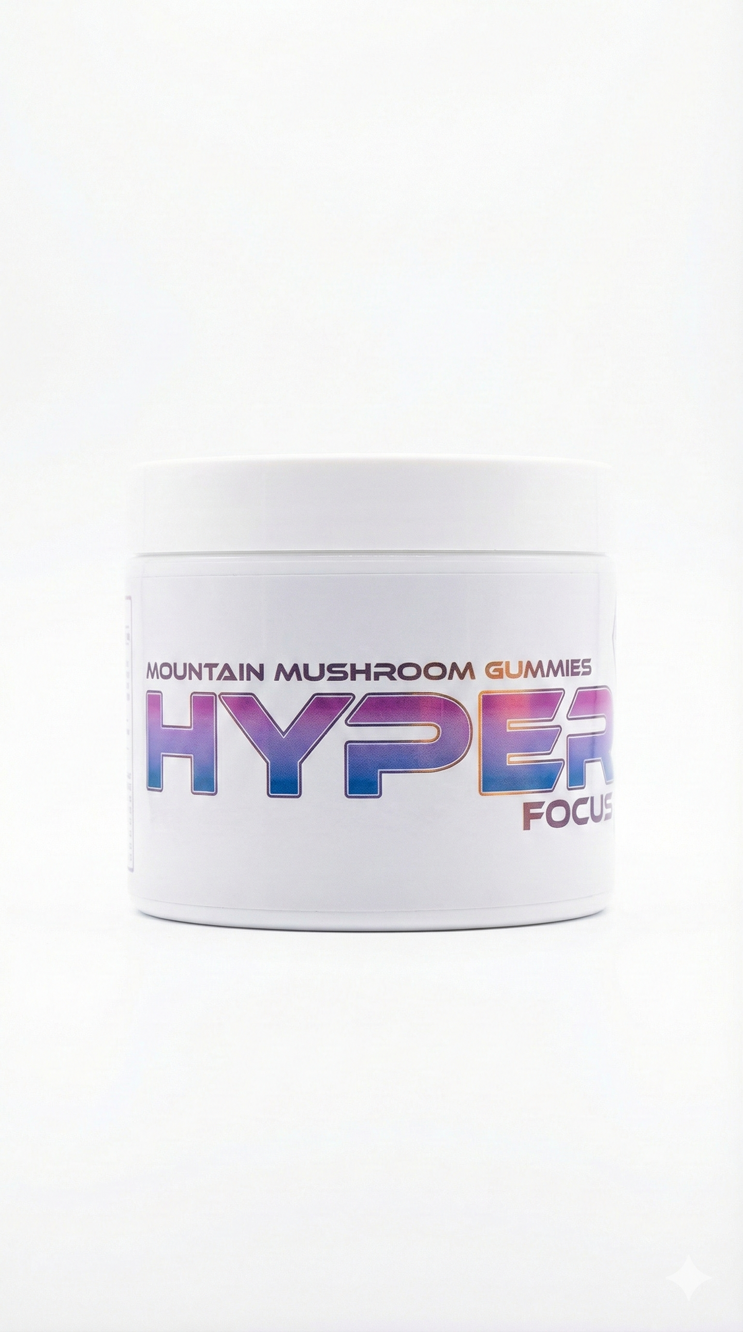 A tub of lion's mane Gummies with label containing Branding 'Mountain mushroom gummies HYPER FOCUS'