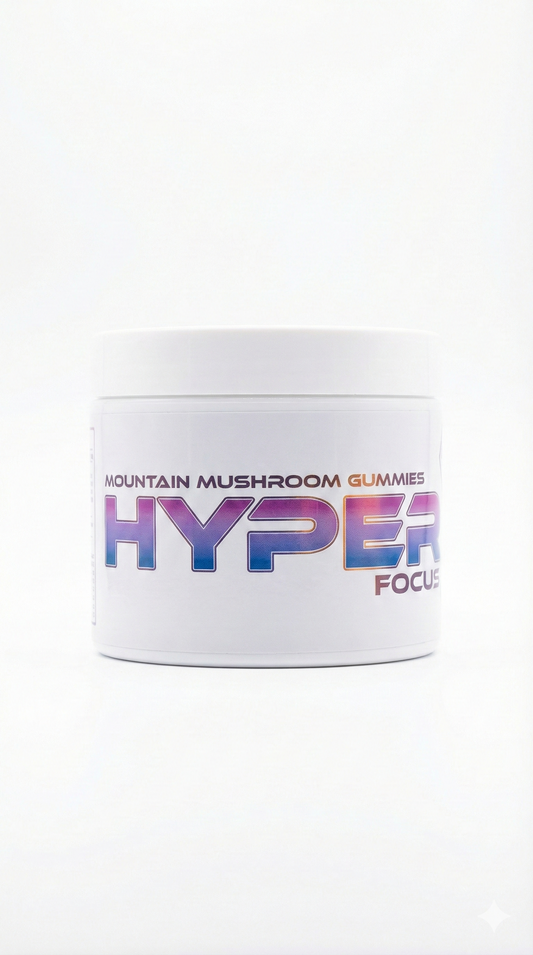 A tub of lion's mane Gummies with label containing Branding 'Mountain mushroom gummies HYPER FOCUS'